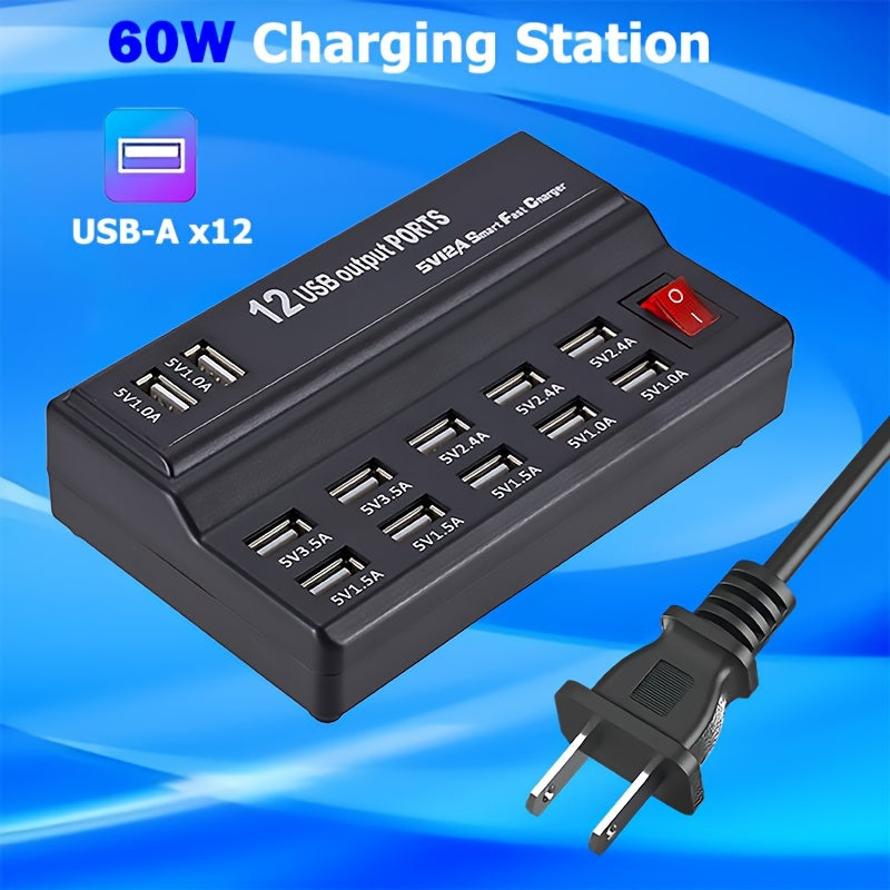 60W 12-Port USB Phone Charger - Fast Charging Station for All Smartphones, iPhone, iPad, Android, Cameras and More