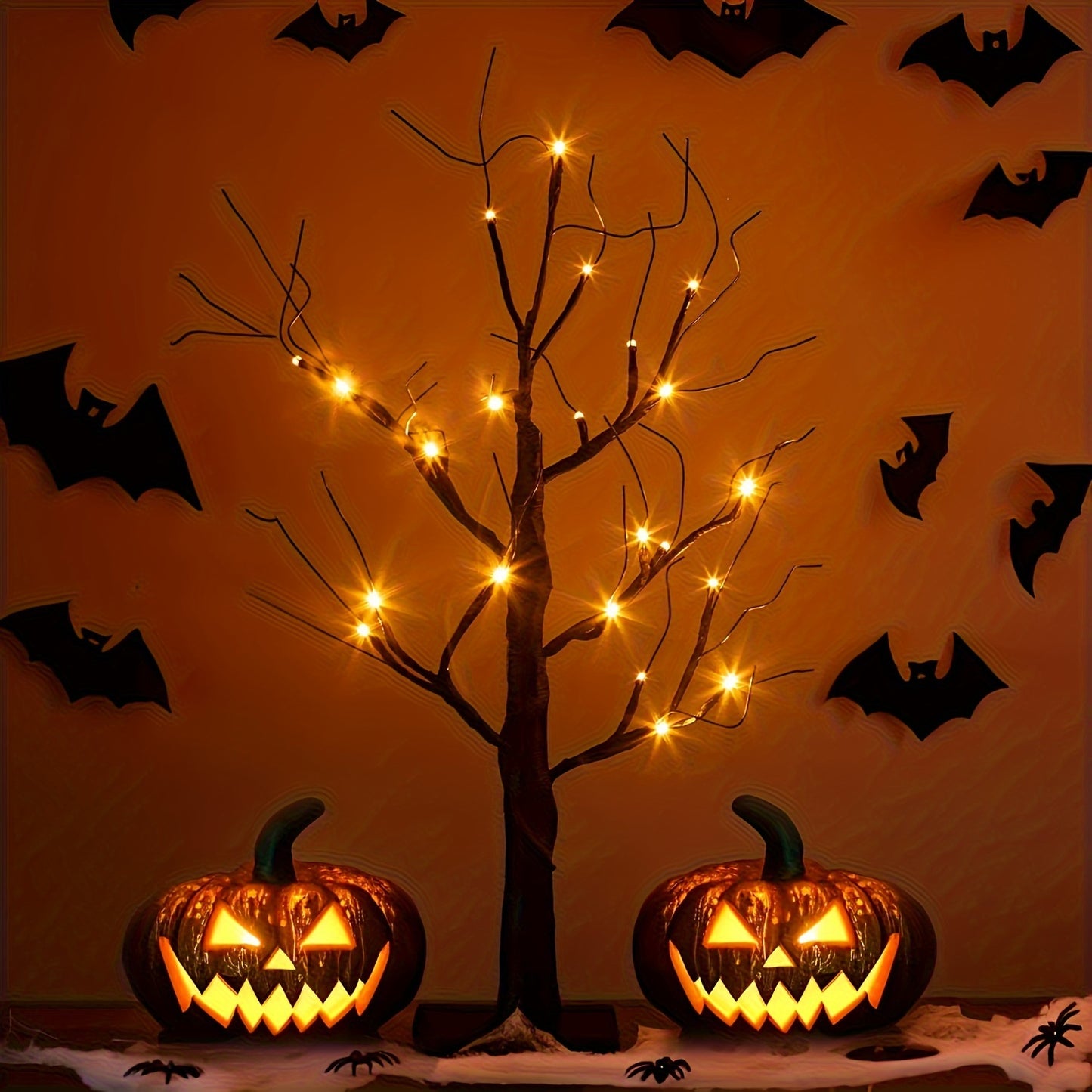 2ft LED Ghost Tree – Spooky Black and Orange Halloween Decoration – Battery-Powered Tabletop Light-Up Tree for Indoor Home Decor