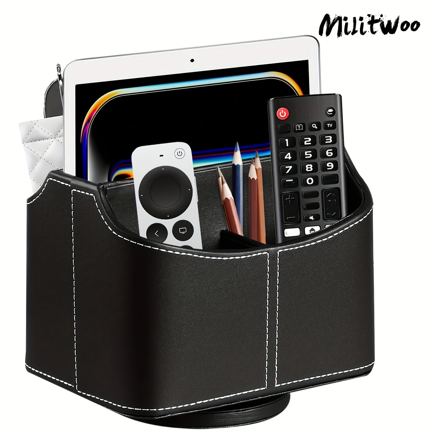 Militwoo 360° Rotating Remote Control Holder - PU Leather TV Remote Caddy Organizer with 5 Compartments for Pens, Pencils, Art Supplies, Makeup Brushes, Office Desk Accessories