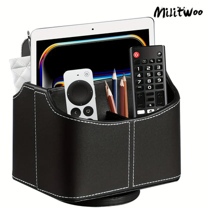 Militwoo 360° Rotating Remote Control Holder - PU Leather TV Remote Caddy Organizer with 5 Compartments for Pens, Pencils, Art Supplies, Makeup Brushes, Office Desk Accessories