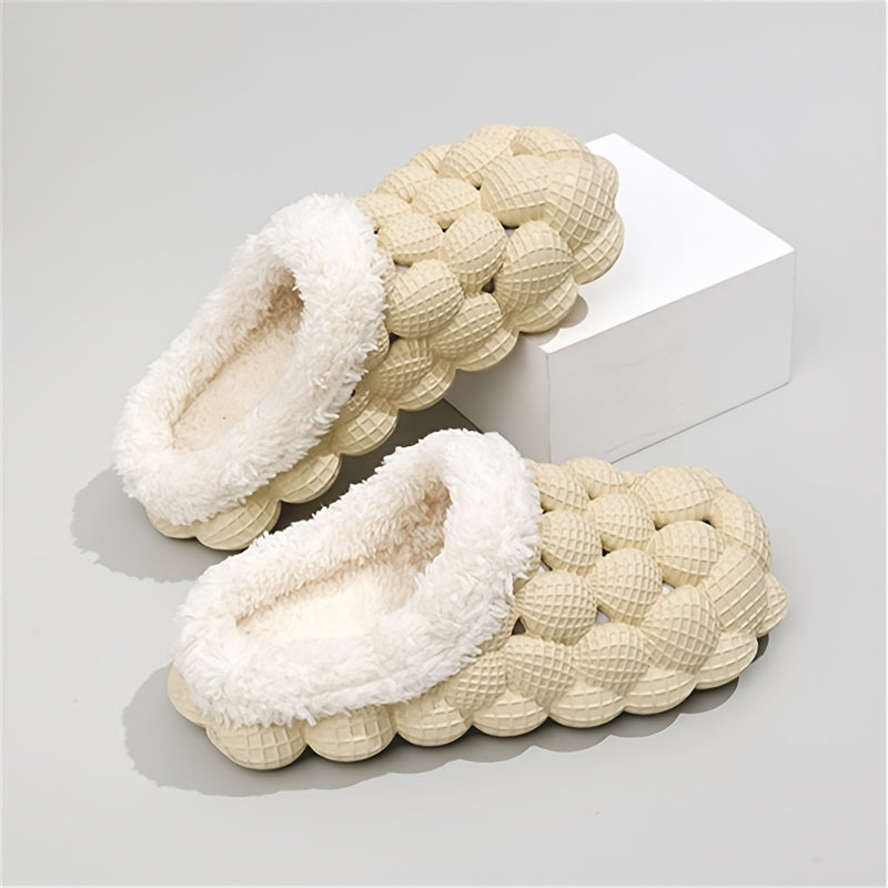 Women's Fleece-Lined Bubble Slides - Warm Slippers with Non-Slip Soft Sole