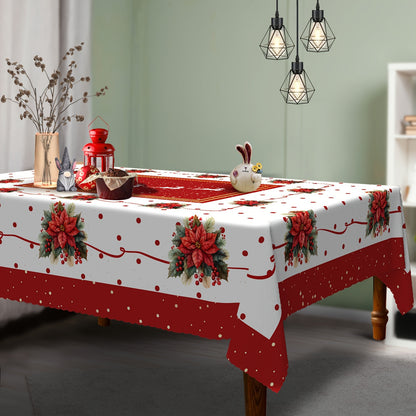 Festive Christmas Tablecloth - Red Poinsettia & Holly Design, Waterproof and Durable, Suitable for Indoor/Outdoor Use, Ideal for Holiday Gatherings