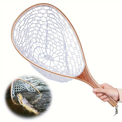 Premium Wooden Frame Fly Fishing Net – Soft, Gentle Rubber Mesh for Trout & Bass Catch and Release – Essential Fly Fishing Gear for Anglers (1PC)