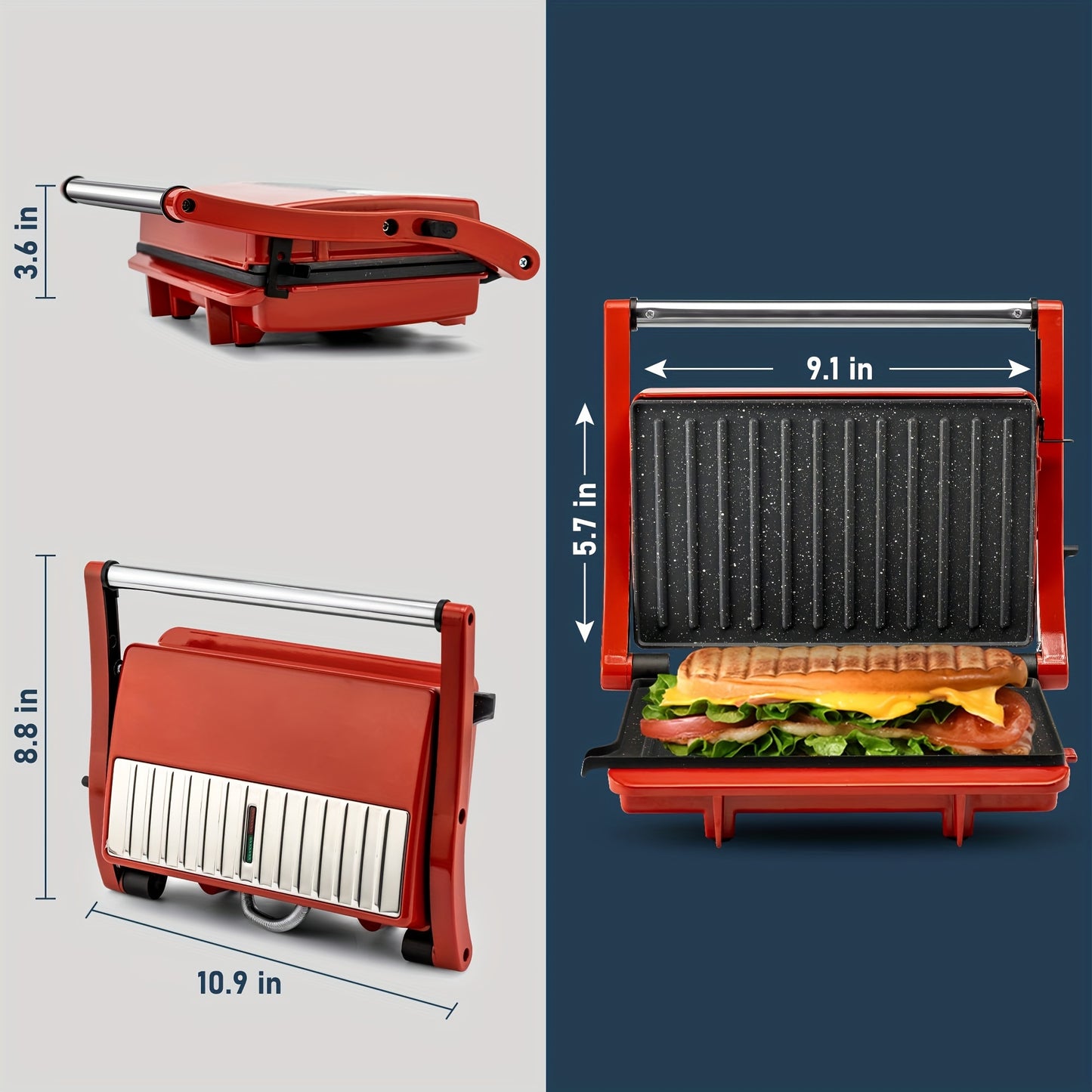 Mini 2-Slice Panini Grill Press Sandwich Maker - Compact with Locking Lid, Indicator Lights, 180-Degree Opening, Cool Touch Handle, Non-Stick Surface | Ideal for Grilled Cheese & Paninis - Red