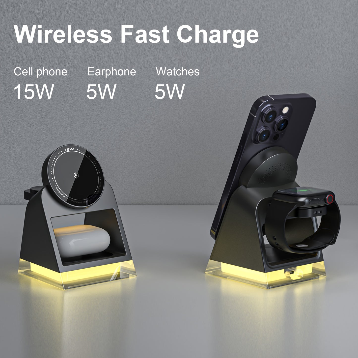 High-Quality 3 in 1 Magnetic Wireless Charger - 15W for Mobile Phones, 5W for Smart Watches and Headsets, with LED Touch Night Light