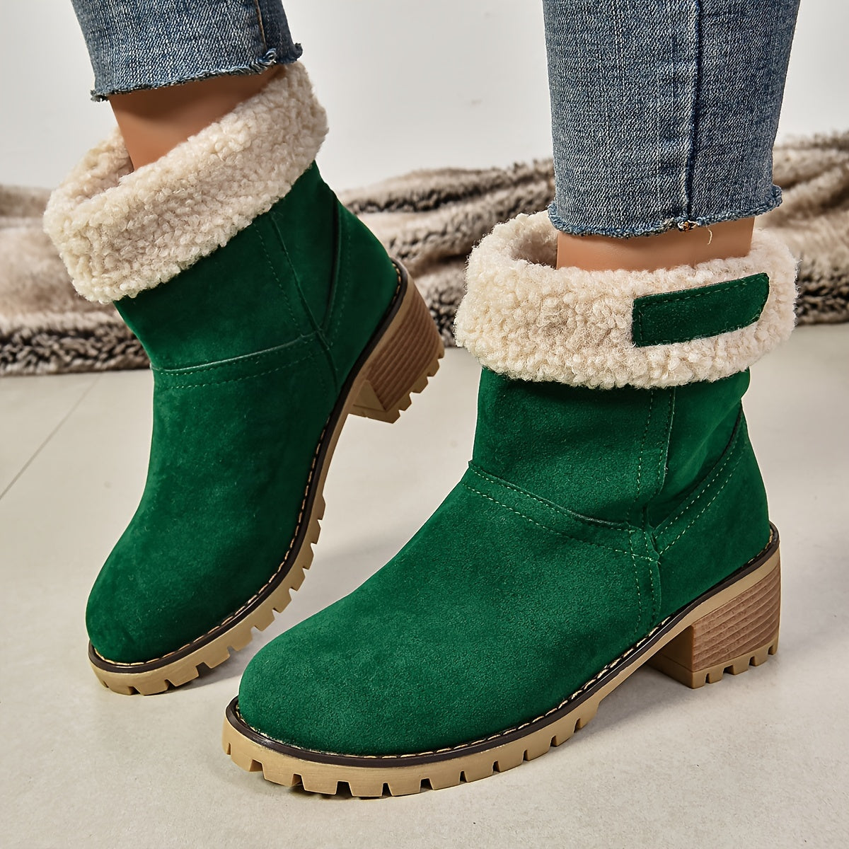 Vintage Style Women's Ankle Boots - Winter Casual, Chunky Heel, Plush Lining, TPR Sole, Hand Washable