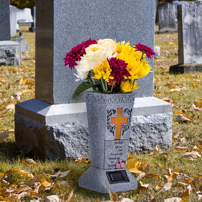 Solar Powered LED Cemetery Vase with Detachable Spike – Rechargeable, Weather-Resistant Memorial Gravestone Decoration for Fresh or Artificial Flowers – Thoughtful Memorial Gift