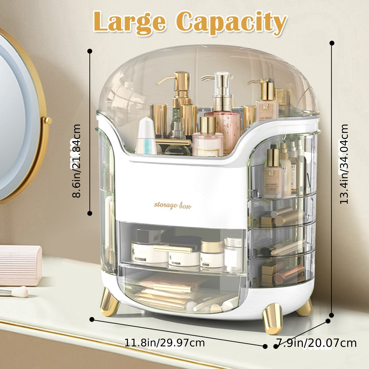 Rotating Makeup Organizer - Waterproof and Dustproof Cosmetic Storage Box with Lid, Large Capacity Vanity Display for Bathroom, Bedroom, Dresser - White