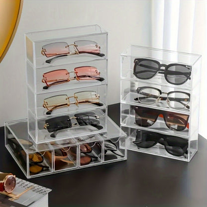 4 Tier Acrylic Sunglass Display Case with Drawers - Clear, Hard Eyeglass Organizer Box for Women, Stackable Storage for Eyewear Collection