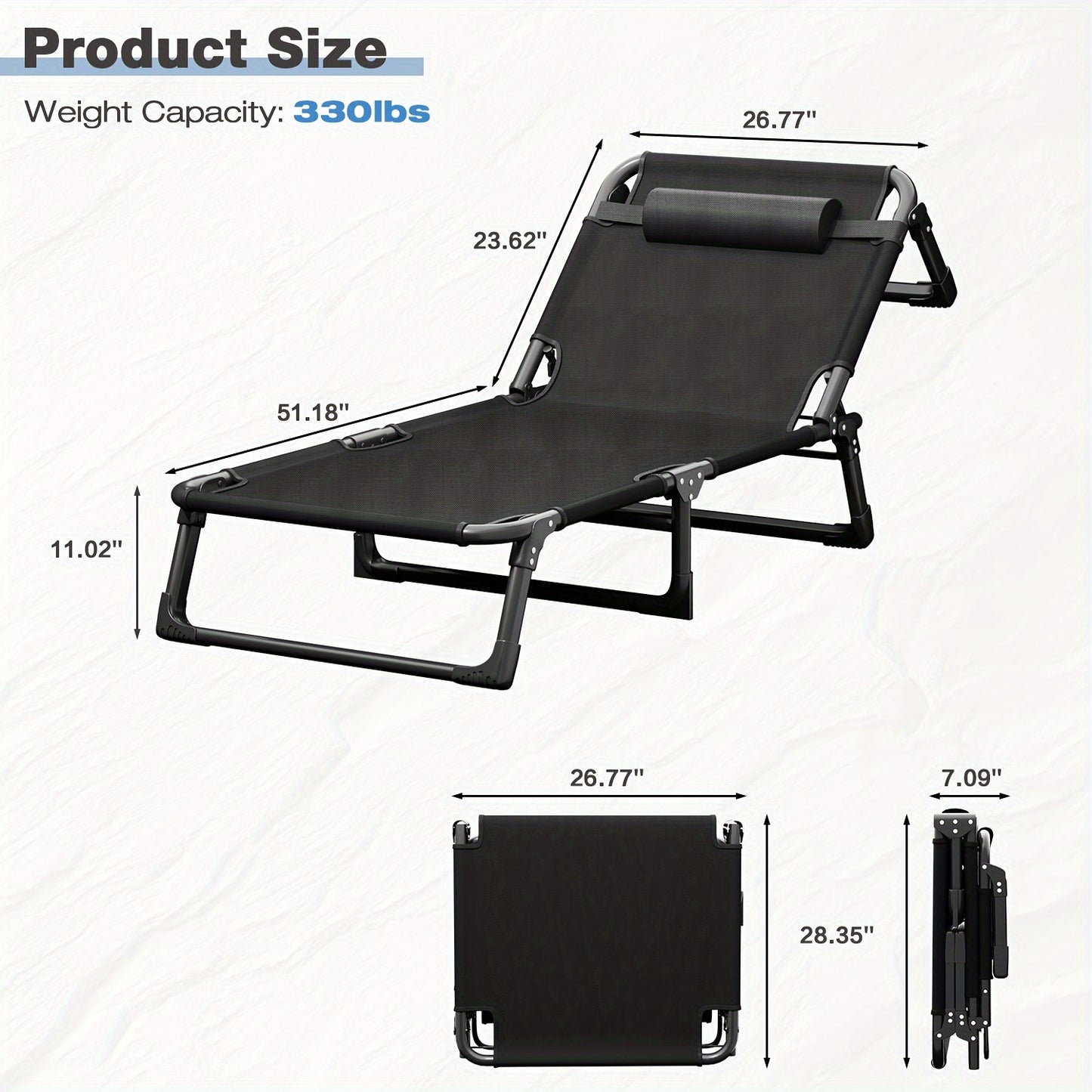 Single Outdoor Folding Lounge Chair – Adjustable Chaise Lounge, Oversized, Portable Tanning Chaise with Detachable Pillow – Ideal for Pool, Beach, Patio Sun Loungers, Black