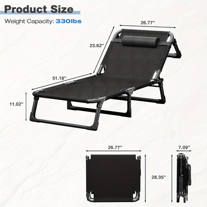 Single Outdoor Folding Lounge Chair – Adjustable Chaise Lounge, Oversized, Portable Tanning Chaise with Detachable Pillow – Ideal for Pool, Beach, Patio Sun Loungers, Black