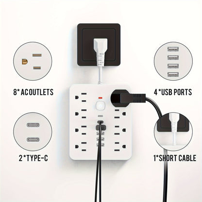 1pc 14-in-1 Power Adapter - 4 USB Outlets, 2 Type-C Ports, 8 AC Sockets, Surge Protector, Wall Socket, Portable for Home, Office and Travel