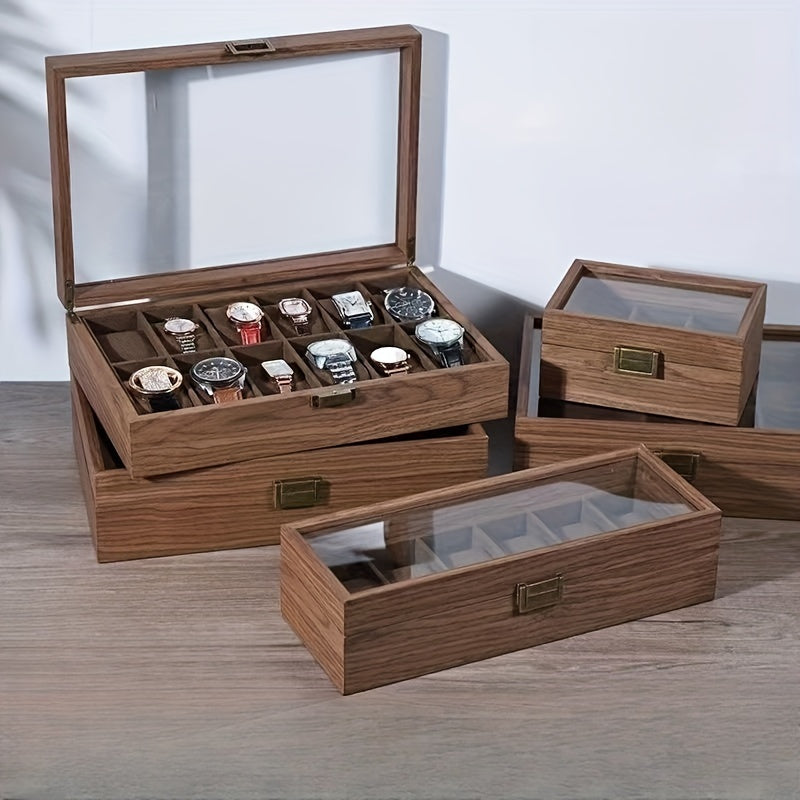 Walnut Wooden Watch Box - European Wrist Watch Storage Organizer with Transparent Lid, Dustproof Display Case, Available in 3/6/10/12-Slot for Watch Gift Packaging