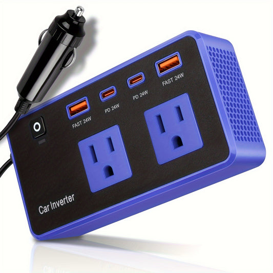 200W Car Power Inverter | DC 12V to 110V AC Inverter with 24W USB-C Fast Charger | Type C Car Charger for Laptop and Camping Road Trip Essentials