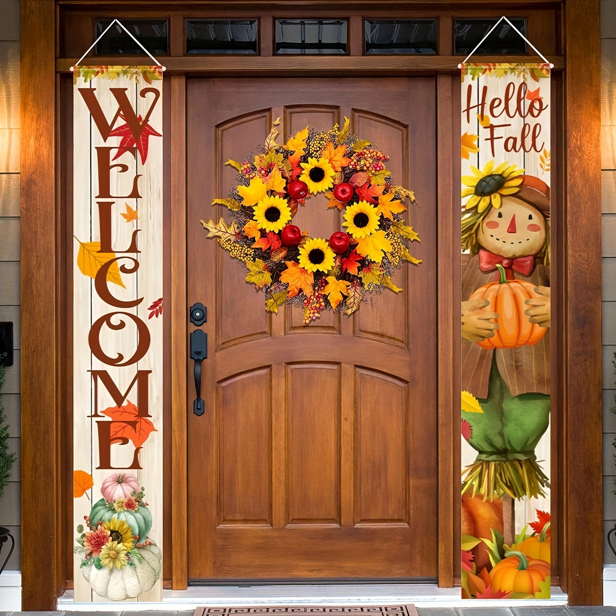 2pcs Scarecrow Welcome Banner Set – Autumn Harvest and Thanksgiving Decor, Durable Polyester, 12x70.8 Inches for Front Door and Outdoor Use