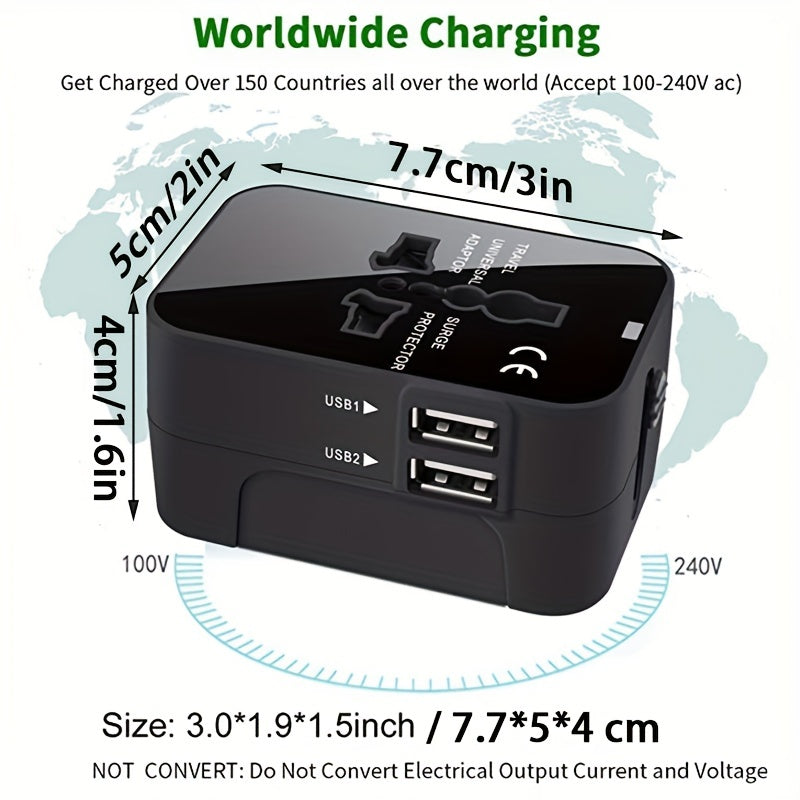 Universal Travel Adapter – All-in-One Quick-Charge Wall Charger with Dual USB Ports – Essential for USA, EU, UK, AUS