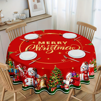 Merry Christmas Tablecloth - Waterproof and Stain-Resistant Polyester with Red and Golden Stars, Santa, Tree, Gingerbread and Snowman Designs, Ideal for Holiday Dining and Decor