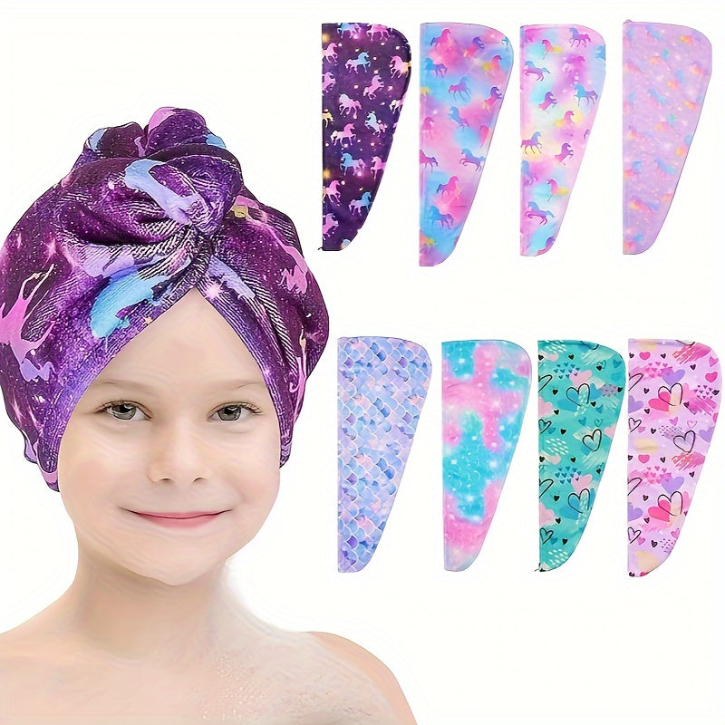 Soft and Absorbent Microfiber Cartoon Hair Towel Wrap - Quick Dry, Button Closure, Fun Patterned Design for Kids and Women - Bathroom Essentials