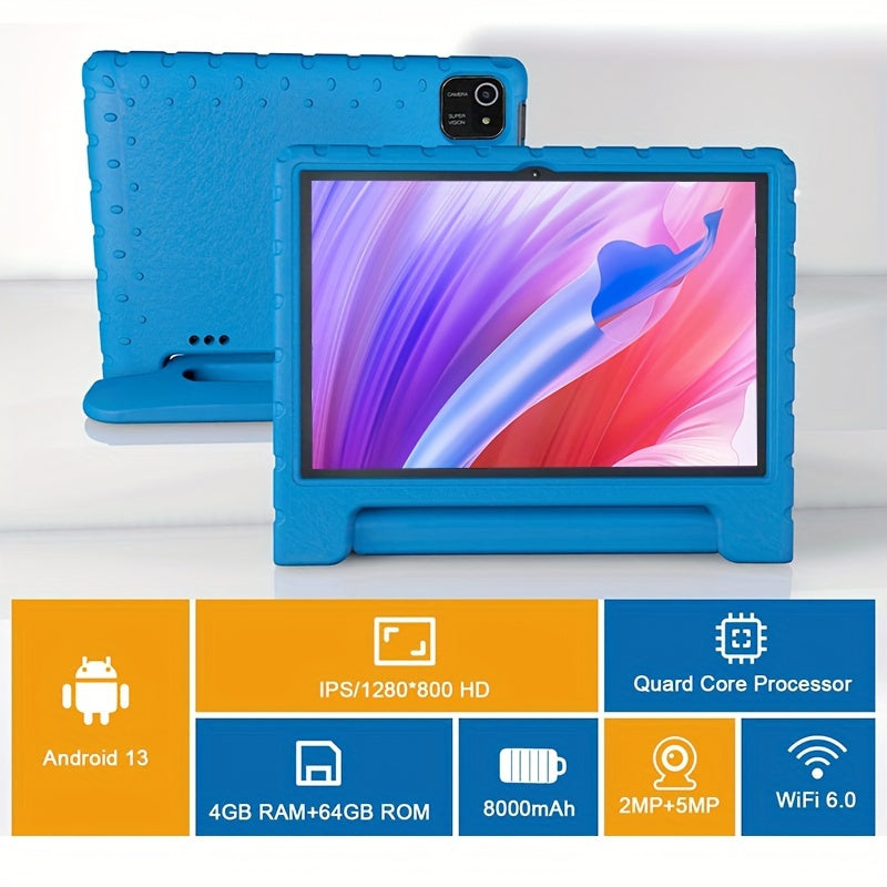 10-Inch Android 13 Tablet - 4GB+64GB, 8-Core CPU, WiFi 6, 12H Battery Life, Parental Control, 1280x800 HD Display, Dual Cameras, Shockproof Case, Pre-Installed Educational Apps