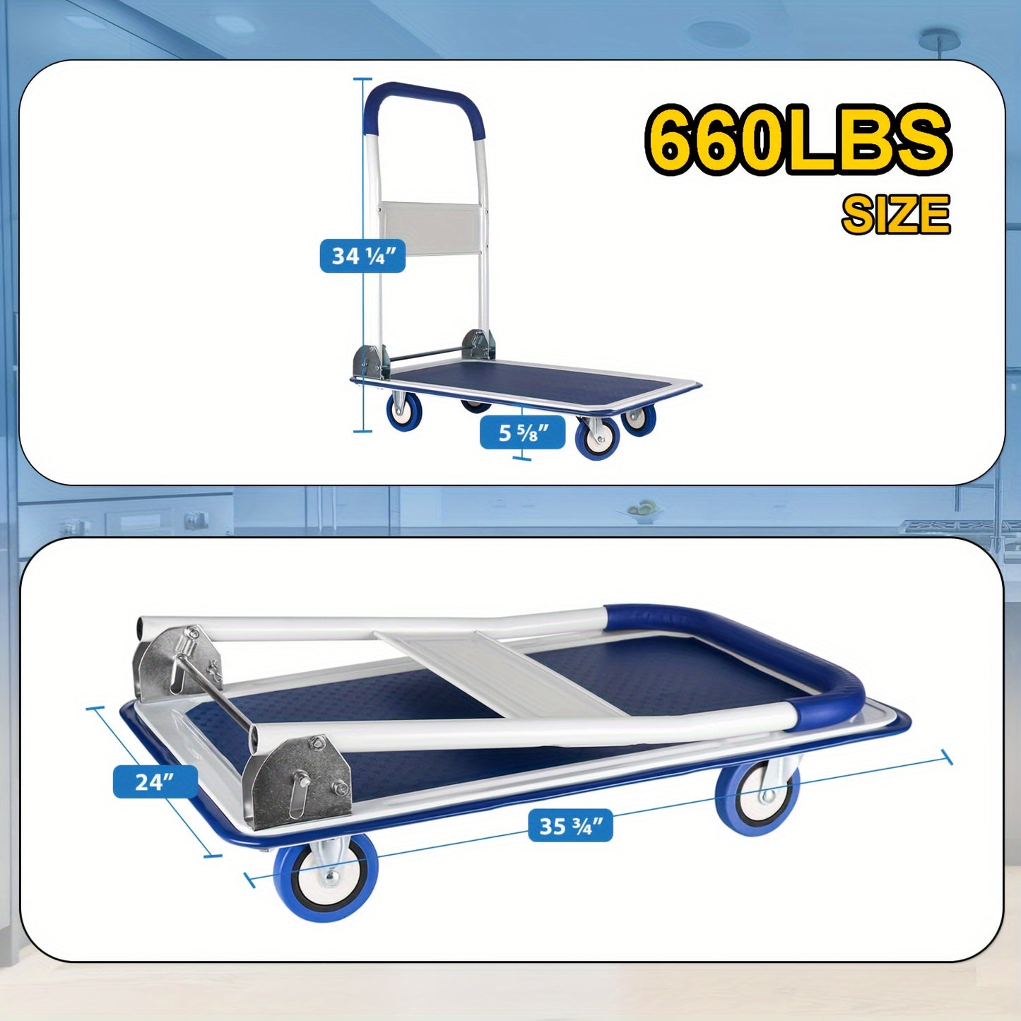 Upgraded Large Foldable Push Cart Dolly – 330 Lbs Capacity Heavy Duty Collapsible Moving Platform Hand Truck with Swivel Handle, Available in Blue/White, Black/Yellow, Black/White