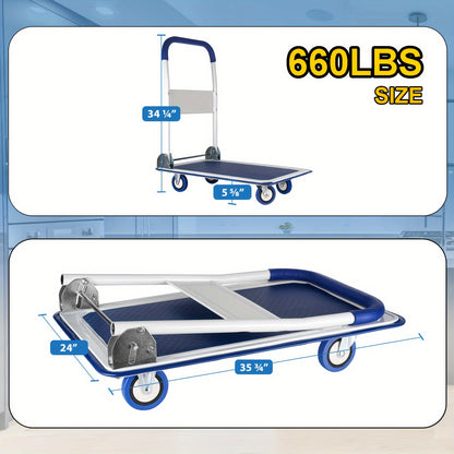 Upgraded Large Foldable Push Cart Dolly – 330 Lbs Capacity Heavy Duty Collapsible Moving Platform Hand Truck with Swivel Handle, Available in Blue/White, Black/Yellow, Black/White