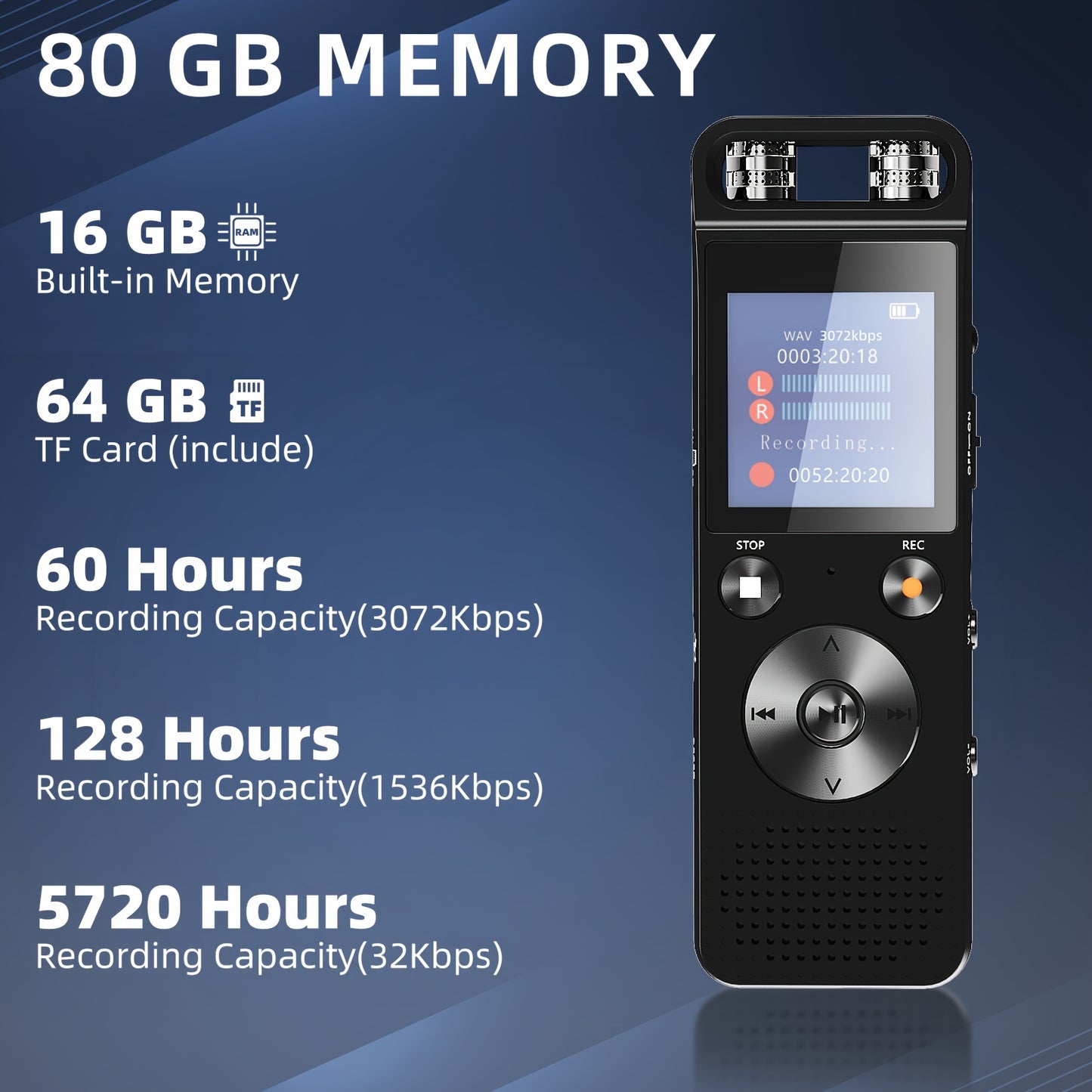 80GB Digital Voice Recorder - 5720 Hours Capacity, 30-Day Battery Life, HD Lossless Recording | Smart AGC Chip, 7-Level Noise Reduction, Voice-Activated, Password Protection, Auto Save, Playback Support