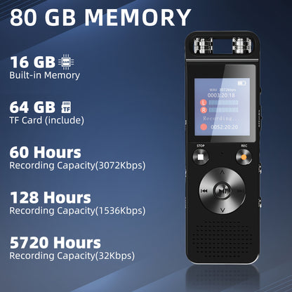 80GB Digital Voice Recorder - 5720 Hours Capacity, 30-Day Battery Life, HD Lossless Recording | Smart AGC Chip, 7-Level Noise Reduction, Voice-Activated, Password Protection, Auto Save, Playback Support