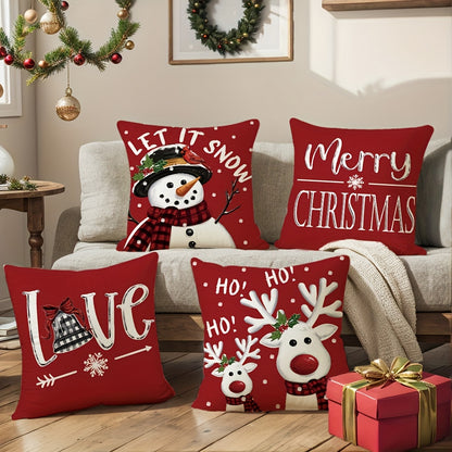 4pcs Merry Christmas Throw Pillow Covers - Reindeer, Snowman, Buffalo Plaid Print, 18x18in, Winter Holiday Farmhouse Decor for Porch, Patio, Couch, Sofa