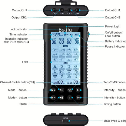 Belifu 4-Channel TENS EMS Device - 24 Modes, 30 Levels Muscle Stimulator, Rechargeable Electric Pulse Massager for Pain Relief