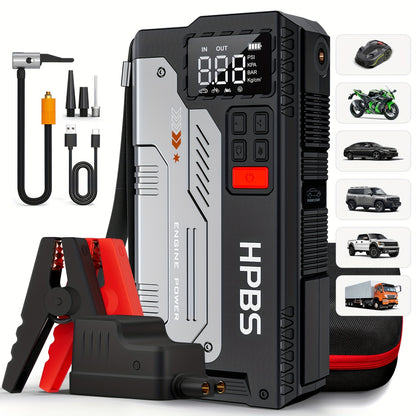 HPBS 5000A Portable Jump Starter with Air Compressor - 12V Battery Booster and 150 PSI Tire Inflator for Gas and Diesel Engines, Car Jump Box with LED Light and Fast Charging USB Output