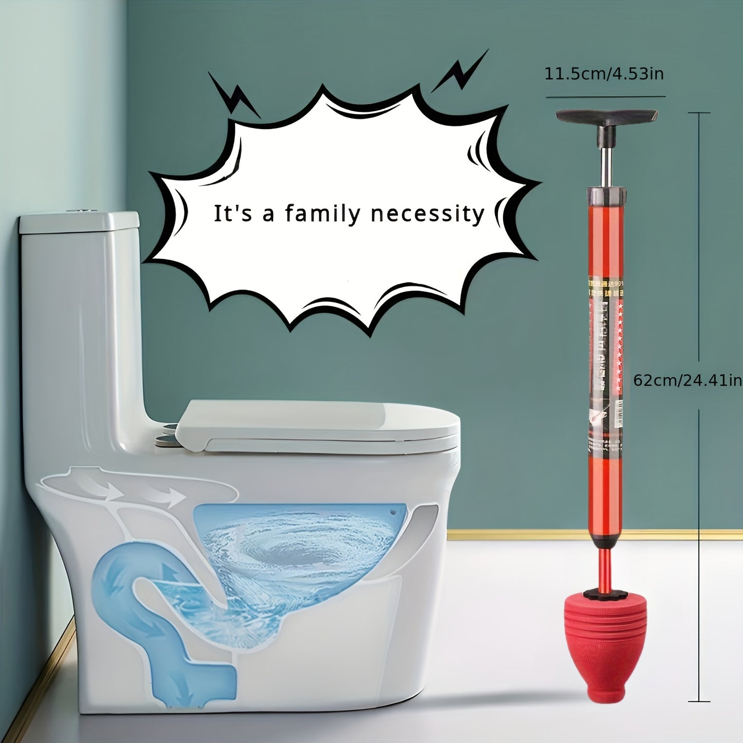 Heavy-Duty Pneumatic Toilet Plunger - High-Pressure Drain Pipe Cleaner with Humanized Pump Design, Rubber Material, Commercial Tool for Toilet, Sink, Pipe Blockage Removal