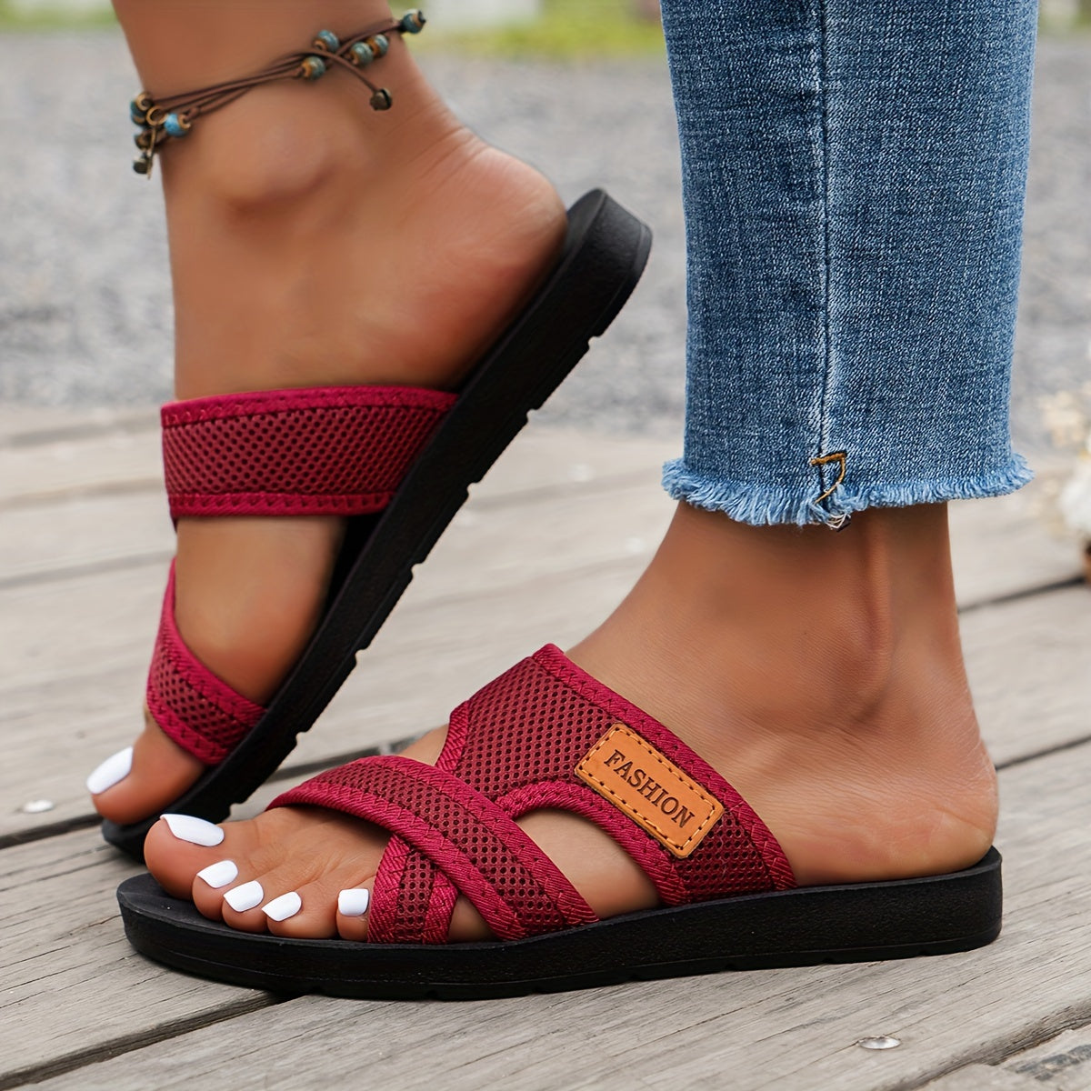 Women's Hollow Mesh Slide Sandals - Casual Open Toe Flat Summer Shoes, Lightweight and Comfortable