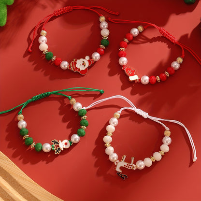 4pcs Festive Christmas Charm Bracelet Set - Santa, Reindeer & Gloves Designs with Soft Clay Beads and Drawstring Closure - Perfect Holiday Gift for Friends and Family