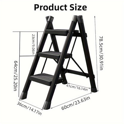 3 Step Folding Ladder - Sturdy Steel Construction, Anti-Slip Pedal, 330 Lbs Capacity, Portable Handrail Support, Ideal for Kitchen, Household and Indoor Tasks, Space-Saving and Easy to Store