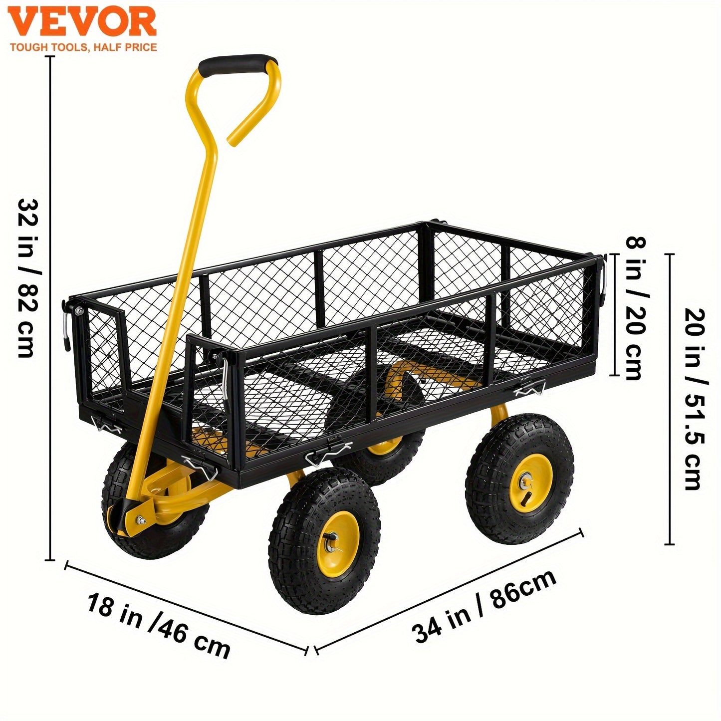 VEVOR Steel Garden Cart - Heavy Duty 500 lbs Capacity, Removable Mesh Sides, Converts to Flatbed, Utility Metal Wagon with 180° Rotating Handle and 10 in Tires, Perfect for Garden