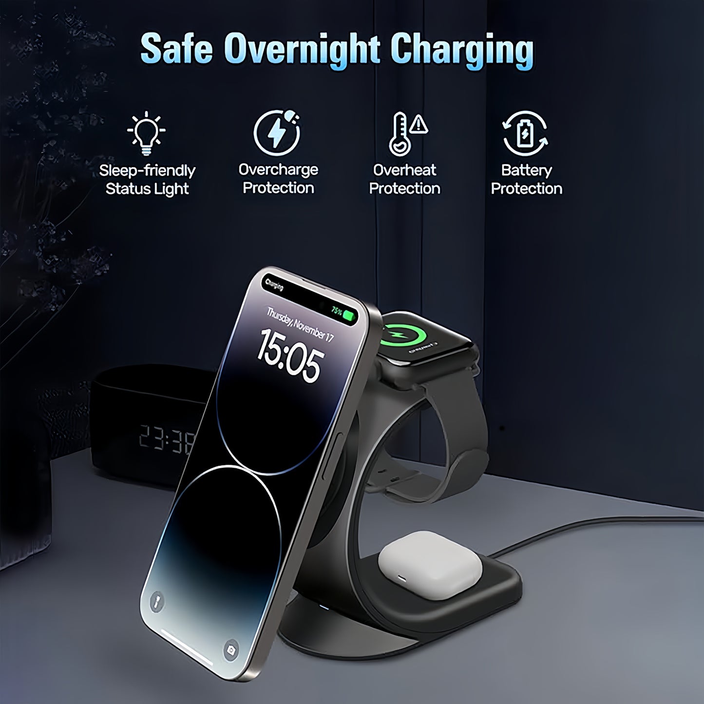 Triple Mode Magnetic Wireless Charger Stand - 3 in 1 Fast Charging for iPhone 16/15/14/13/12, iWatch SE/8/7/6/5/4/3/2, and AirPods, Compact and Safe Charging Solution