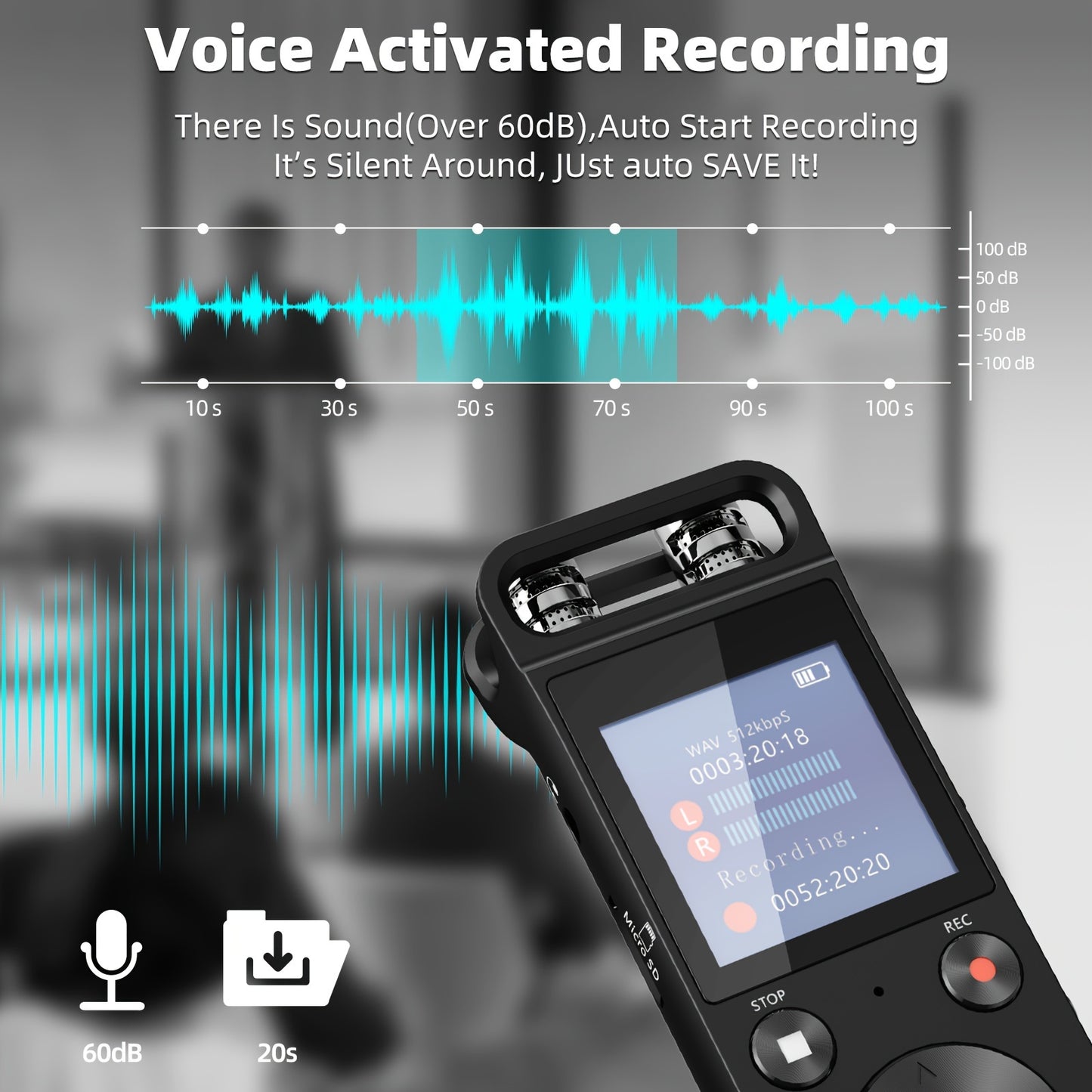 80GB Digital Voice Recorder - 5720 Hours Capacity, 30-Day Battery Life, HD Lossless Recording | Smart AGC Chip, 7-Level Noise Reduction, Voice-Activated, Password Protection, Auto Save, Playback Support