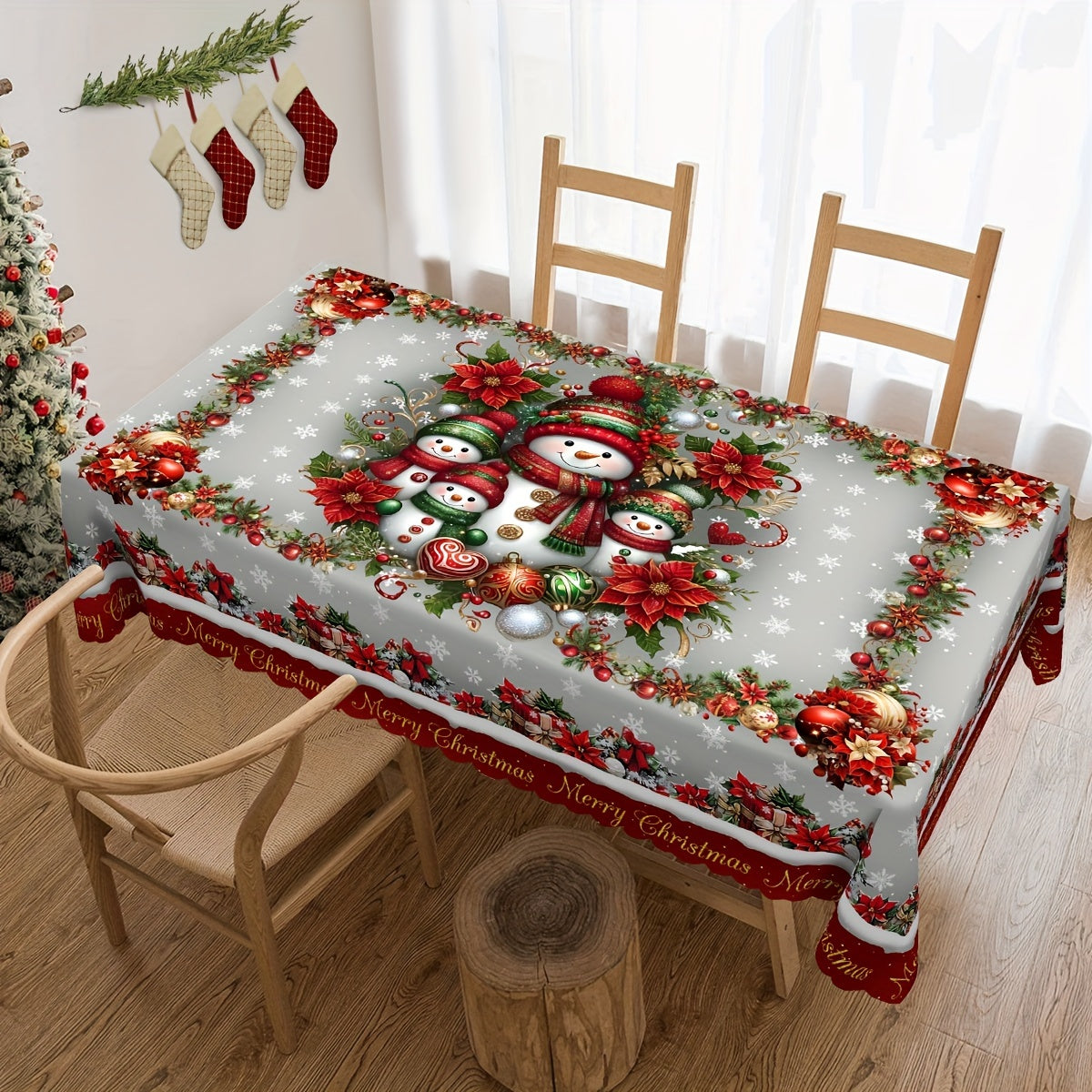 Christmas Cheer Round Tablecloth - Snowman, Reindeer and Snowflake Design, Waterproof & Wrinkle-Free - Perfect for Holiday Parties and Home Decor, Indoor/Outdoor Use