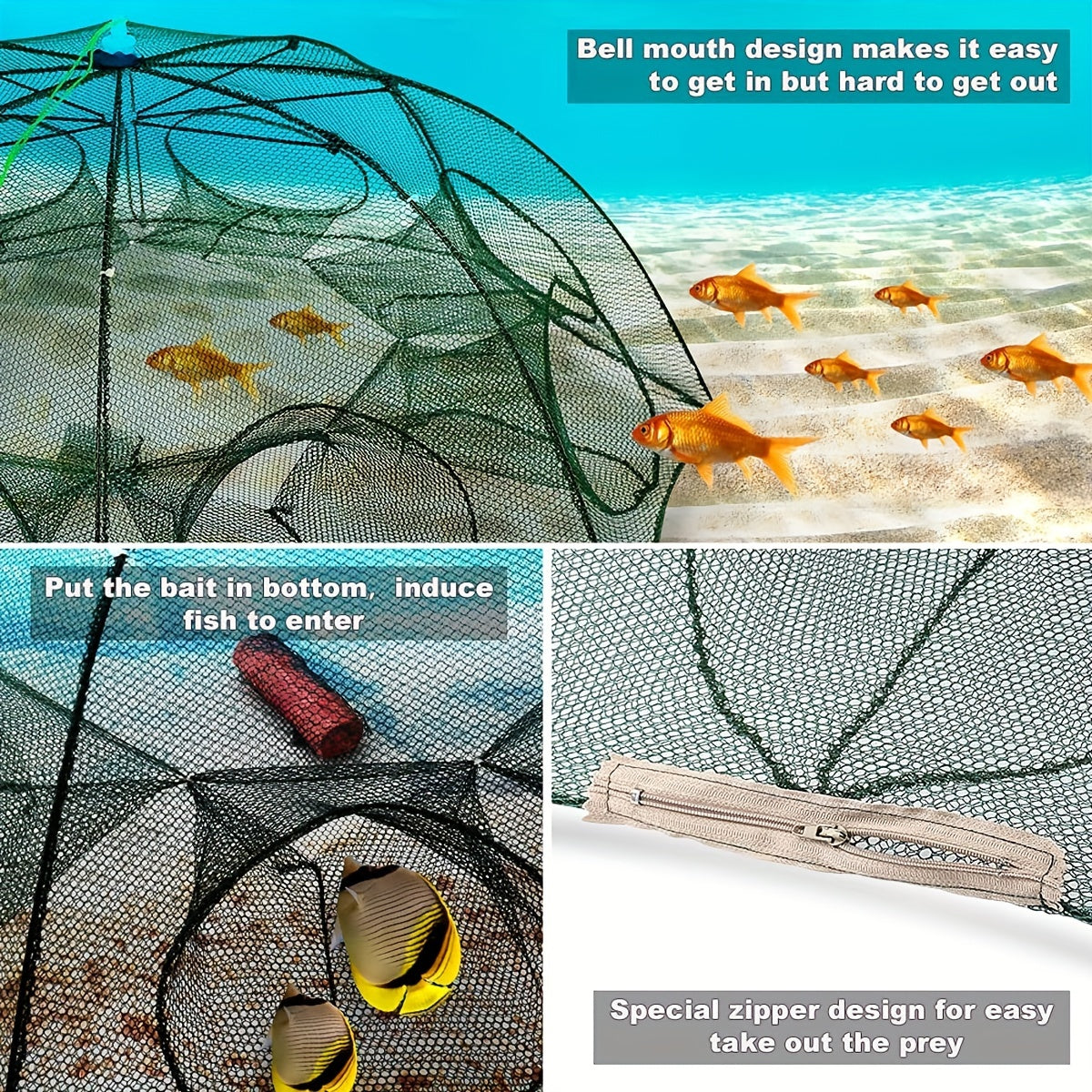 Foldable Hexagonal Fishing Net – 4/6/8/10 Holes for Minnow, Crayfish, and Crabs – Portable and Easy to Use