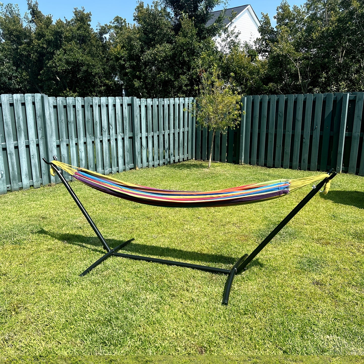 Double Hammock with Stand: 450lb Capacity Steel Frame, Premium Carry Bag, and Two Anti-Roll Balance Beams Included