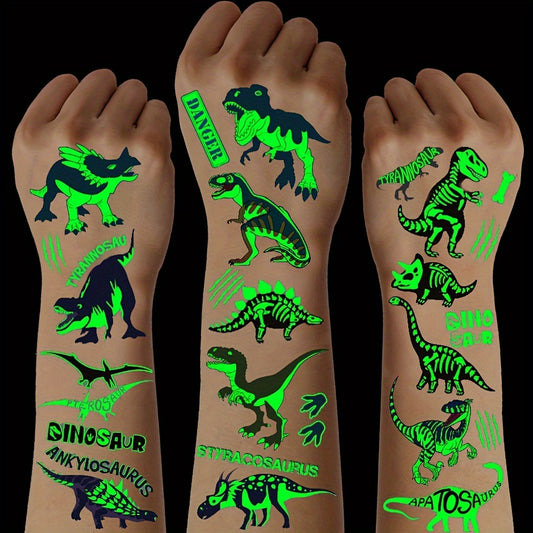 10 Sheets Luminous Dinosaurs Temporary Tattoos - Glow in the Dark T-Rex, Pterosaur, Velociraptor, Triceratops, Stegosaur Designs, Ideal for Dinosaur Birthday Parties and Stocking Stuffers