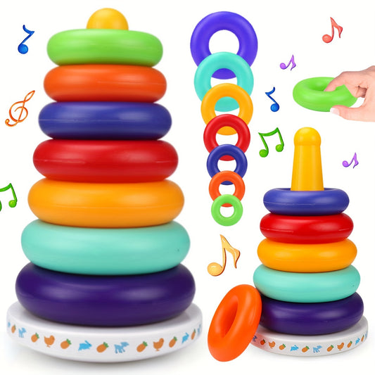 Rainbow Sensory Stacking Tower Toy with Music and Sound - Interactive Building Blocks for Color Learning, Educational Gift for Ages 0+