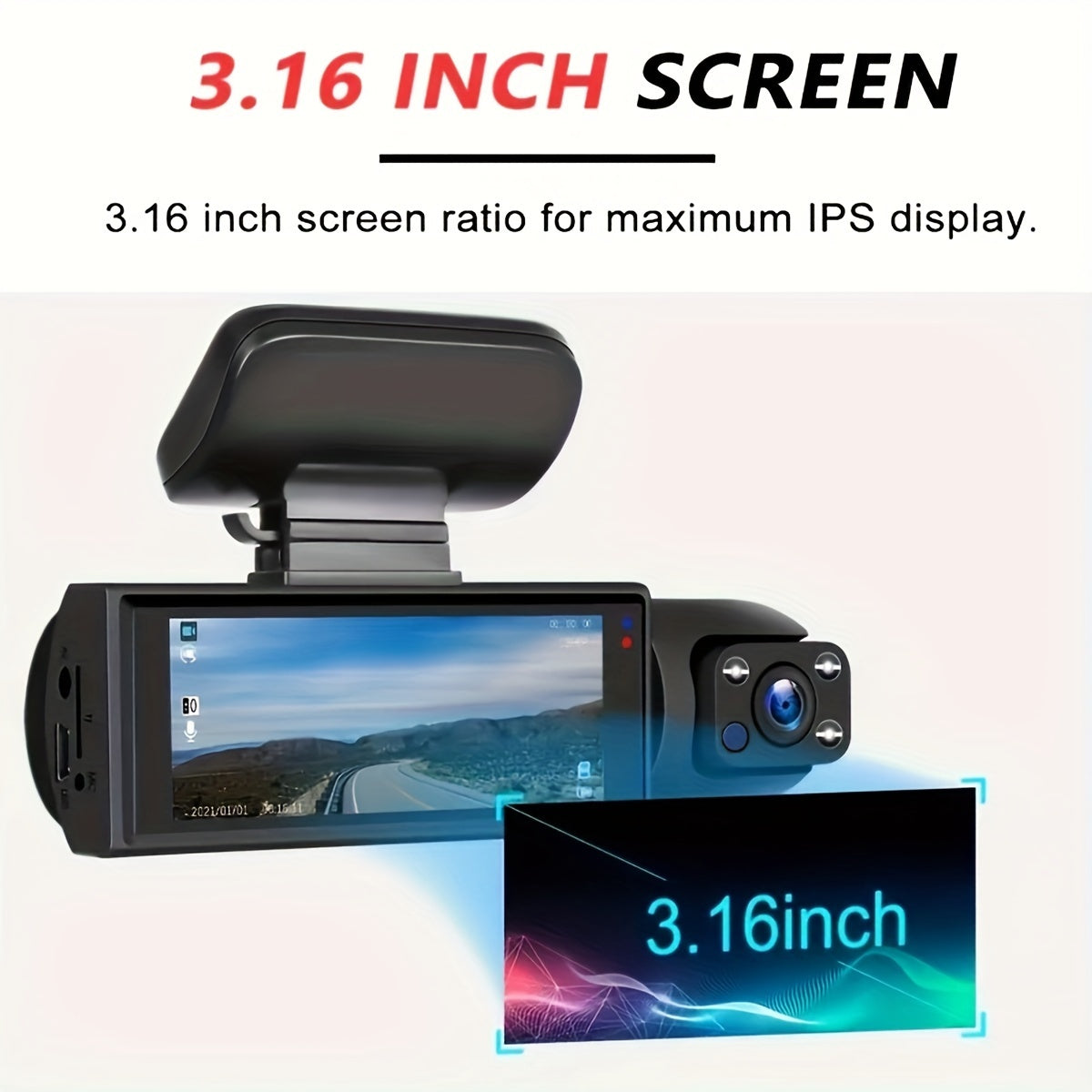 1080P Dual Camera Dash Cam with IR Night Vision, Loop Recording, and Wide Angle Lens – 3.16 Inch IPS Screen