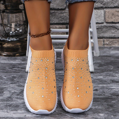 Stylish Women's Rhinestone Walking Sneakers – Breathable, Comfortable Slip-On Shoes with Chunky Sole and Casual Athletic Camp Style – Ideal for Daily Outdoor Activities