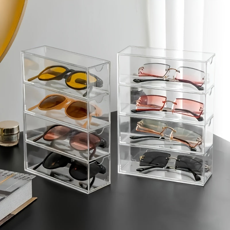 4 Tier Acrylic Sunglass Display Case with Drawers - Clear, Hard Eyeglass Organizer Box for Women, Stackable Storage for Eyewear Collection