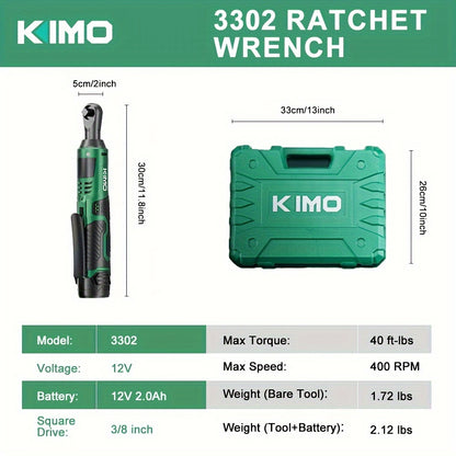 KIMO Cordless Electric Ratchet Wrench Set - 40 Ft-lbs, 400 RPM, 3/8" 12V Kit with 60-Min Fast Charge, Variable Speed Trigger, 2-Pack Lithium-Ion Batteries, 8 Sockets