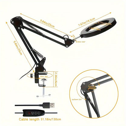 10X LED Lighted Magnifying Glass with Stand - 3 Color Modes, Dimmable, 360° Rotation, USB Powered