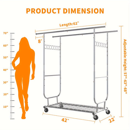 Heavy Duty Clothes Rack with Wheels - 620LBS Capacity, Collapsible & Portable Rolling Garment Rack, Commercial Metal Clothing Rack for Hanging Clothes