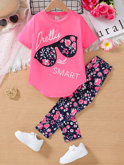 2pcs Little Girls' Adorable Glasses and Alphabet Pattern Outfit - Pant Set with Drop Shoulder Tee, Skinny Crop Leggings, and Cute Accessories