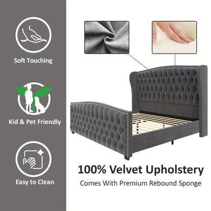 Luxurious Velvet Upholstered Platform Bed Frame - Deep Button Tufted, Nailhead Trim Wingback Headboard, No Box Spring Required, Sturdy Construction, Easy Assembly